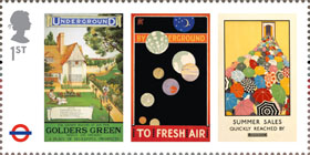 London Underground 1st Stamp (2013) London Underground Posters - Golders Green, By Underground to fresh air and Summer sales