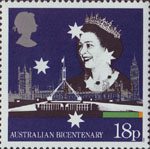 The Australian Bicentenary 18p Stamp (1988) Queen Elizabeth II with British and Australian Parliament Buildings