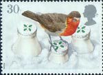 30p, European Robin on Snow-covered Milk Bottles from Christmas 1995 (1995)