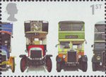 Buses : Classic British Double-Deckers 1st Stamp (2001) Leyland X2 Open-top, London General B Type, Leyland Titan TD1 and AEC Regent 1