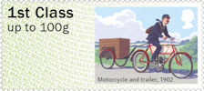 1st, Motorcycle and trailer, 1902   from Post & Go : Royal Mail Heritage : Mail by Bike (2018)