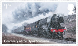 The Flying Scotsman £1.85 Stamp (2023) In a blizzard at Heap Bridge on the East Lancashire Railway