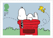 Peanuts 1st Stamp (2025) Snoopy on a post box, with Woodstock