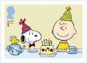 Peanuts 1st Stamp (2025) Woodstock, Snoopy and Charlie celebrating