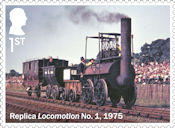 Steam Locomotives 1st Stamp (2025) A photograph of a replica Locomotion No. 1 from 1975