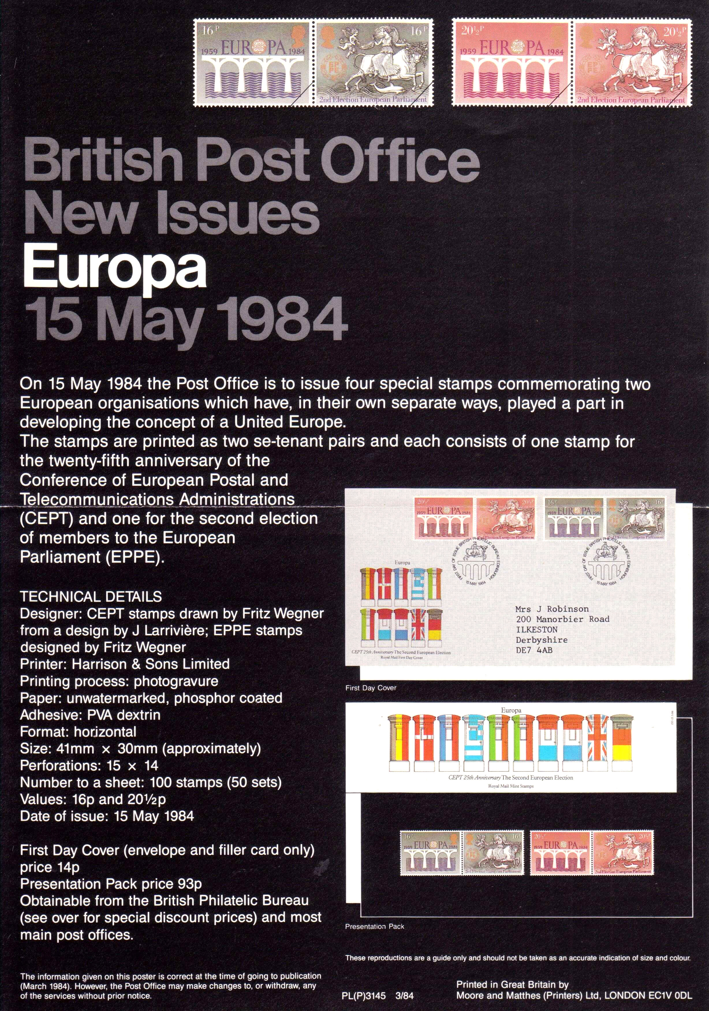 Set of 5 PHQ Stamp Postcards Set No.75 Europa European Parliament 1984 CI6 