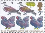 7p, 'Three French Hens. Two Turtle Doves and a Partridge in a Pear Tree' from Christmas 1977 (1977)