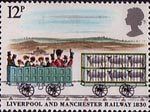 Liverpool and Manchester Railway 1830 12p Stamp (1980) Third Class Carriage and Sheep truck crossing Chat Moss