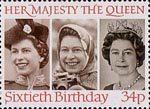 The Sixtieth Birthday of Queen Elizabeth II 34p Stamp (1986) Queen Elizabeth II in 1958, 1973 and 1982