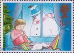 Christmas 1987 34p Stamp (1987) Child playing Flute and Snowman
