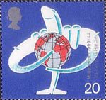Travellers Tale 20p Stamp (1999) Airliner hugging Globe (International air travel)