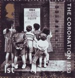 50th Anniversary of Coronation 1st Stamp (2003) East End Children reading Coronation Party Poster