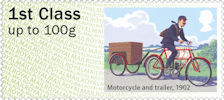 Post & Go : Royal Mail Heritage : Mail by Bike 1st Stamp (2018) Motorcycle and trailer, 1902  