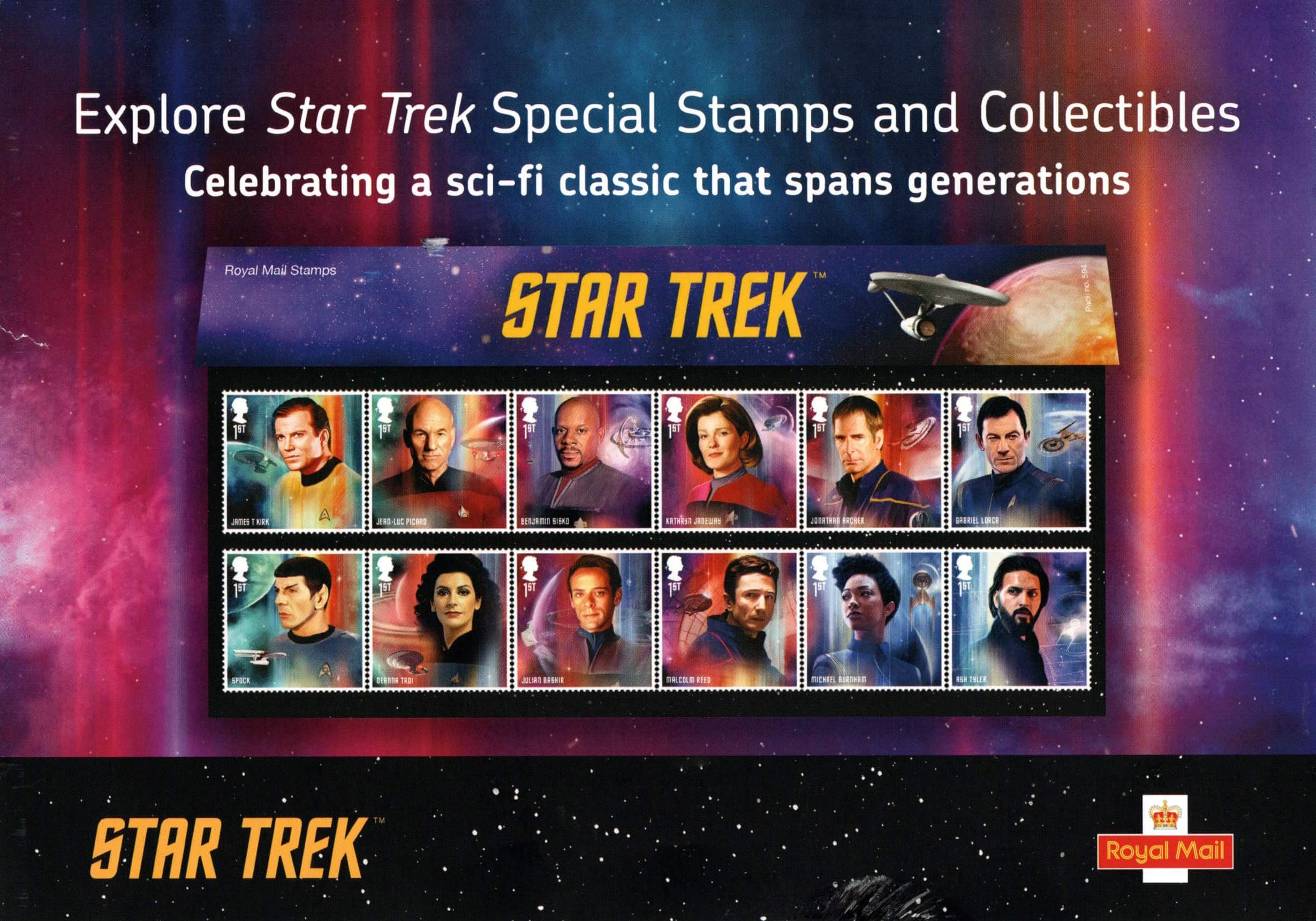 2001 MNH Star Trek Stamps Sheet Janeway Kirk Jean Luc-Picard Enterprise Sci-Fi 