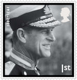In Memoriam - HRH The Prince Philip, Duke of Edinburgh 1st Stamp (2021) HRH The Prince Philip, Duke of Edinburgh attending the passing out parade of Prince Andrew at Dartmouth Naval College, Devon