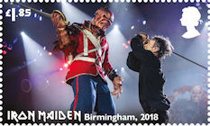 Iron Maiden £1.85 Stamp (2023) Bruce Dickinson sword fighting with Eddie in Birmingham, August 2018
