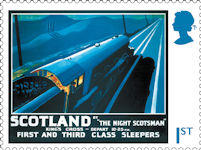 The Flying Scotsman 1st Stamp (2023) ‘Scotland by the Night Scotsman’ poster, artwork by Robert Bartlett, 1932